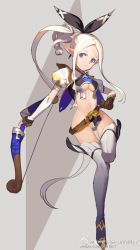 Rule 34 | 1girl, absurdly long hair, armor, belt, belt skirt, bikini armor, blue eyes, boots, bow, bow (weapon), breasts, cleavage, closed mouth, codpiece, copyright request, elf, fingerless gloves, full body, gloves, grey background, hair bow, leg up, long hair, looking away, medium breasts, midriff, navel, parted bangs, pointy ears, ponytail, puffy short sleeves, puffy sleeves, seinen, short sleeves, sidelocks, simple background, solo, thigh boots, thighhighs, underboob, very long hair, watermark, weapon, web address, weibo watermark, white hair, white thighhighs
