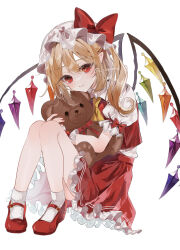 Rule 34 | 1girl, absurdres, ascot, blonde hair, closed mouth, crystal, fingernails, flandre scarlet, frilled skirt, frilled sleeves, frills, hair between eyes, hat, highres, long hair, looking at viewer, mob cap, nail polish, one side up, red eyes, red footwear, red nails, red skirt, shirt, shoes, short sleeves, simple background, skirt, socks, solo, stuffed animal, stuffed toy, teddy bear, touhou, twitter username, uzmee, white background, white hat, white shirt, white socks, wings, yellow ascot