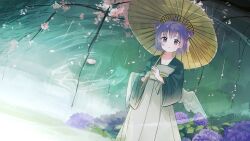 Rule 34 | 1girl, absurdres, angel wings, axleaki, branch, cherry blossoms, closed mouth, double bun, expressionless, flower, green kimono, hair bun, highres, holding, holding umbrella, hydrangea, japanese clothes, kimono, looking at viewer, obi, oil-paper umbrella, original, puddle, purple flower, purple hair, rain, sash, short hair, solo, umbrella, water, white wings, wide sleeves, wings