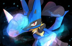 Rule 34 | arm up, commentary request, creatures (company), energy, game freak, gen 4 pokemon, glowing, highres, looking at viewer, lucario, nintendo, nullma, pokemon, pokemon (creature), red eyes, solo, spikes, toes, yellow fur