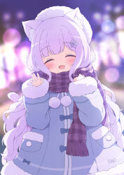 Rule 34 | 1girl, animal ears, blue coat, blurry, blurry background, bow, cat ears, closed eyes, coat, enpera, fang, fur-trimmed coat, fur-trimmed sleeves, fur trim, hair ornament, hat, highres, long hair, open mouth, original, plaid, plaid scarf, purple hair, purple scarf, scarf, skin fang, snowflake hair ornament, tyakomes, upper body, waving, winter clothes, winter coat