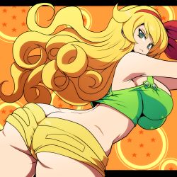 Rule 34 | 1girl, ass, bare shoulders, blonde hair, breasts, bright pupils, butt crack, closed mouth, crop top, curly hair, dragon ball, dragon ball (classic), dragon ball (object), from behind, green eyes, green shirt, hairband, kara age, large breasts, letterboxed, long hair, looking at viewer, looking back, lunch (bad) (dragon ball), lunch (dragon ball), red hairband, shirt, short shorts, shorts, solo, star (symbol), tank top, v-shaped eyebrows, very long hair, white pupils, yellow shorts