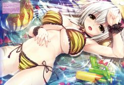 Rule 34 | 1girl, animal print, ball, bare arms, bare legs, bare shoulders, beachball, bikini, blush, breasts, cameltoe, cleavage, day, fingernails, frilled bikini, frills, from above, gluteal fold, hair between eyes, hand on forehead, hand on own stomach, hand up, haruru minamo ni!, hatagami mei, highres, large breasts, long fingernails, long hair, looking at viewer, lying, navel, on back, open mouth, outdoors, partially submerged, petals, scan, seashell, shell, shintarou, side-tie bikini bottom, solo, strap gap, string bikini, swimsuit, tiger print, twintails, underboob, water, water gun, white hair, wrist cuffs, yellow eyes
