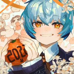 Rule 34 | &gt; &lt;, 1boy, 2022, 2girls, absurdres, angela (project moon), blue coat, blue hair, chinese zodiac, coat, collared shirt, fingernails, flower, food, frilled sleeves, frills, fruit, hamelon310, happy, highres, holding, holding food, holding fruit, library of ruina, mandarin orange, multiple girls, myo (project moon), project moon, roland (project moon), shirt, short hair, smile, solo focus, upper body, white flower, white shirt, year of the rabbit, yellow eyes