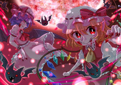 Rule 34 | 2girls, :q, ascot, bat (animal), blonde hair, blood, blood from mouth, blood on face, blood on hands, brooch, collared shirt, commentary request, crystal, fangs, flandre scarlet, frilled skirt, frills, hair between eyes, hat, highres, jewelry, mob cap, mokonekout, moon, multicolored wings, multiple girls, outdoors, pink shirt, pink skirt, puffy short sleeves, puffy sleeves, purple hair, red ascot, red eyes, red moon, red skirt, red vest, remilia scarlet, ribbon-trimmed headwear, ribbon trim, shirt, short sleeves, skirt, skirt set, tongue, tongue out, touhou, vest, white headwear, white shirt, wings, wrist cuffs, yellow ascot