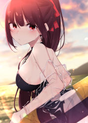 Rule 34 | 1girl, bare shoulders, black choker, black one-piece swimsuit, blurry, blurry background, blush, breasts, choker, cloud, cloudy sky, depth of field, from side, frown, girls&#039; frontline, hair ornament, ichiki 1, innertube, large breasts, long hair, looking at viewer, looking to the side, official alternate costume, one-piece swimsuit, ponytail, purple hair, red eyes, see-through, sidelocks, sky, solo, sunset, swim ring, swimsuit, swimsuit under clothes, upper body, wa2000 (girls&#039; frontline), wa2000 (op. manta ray) (girls&#039; frontline)