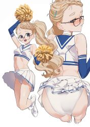 Rule 34 | 1girl, 2l (2lsize), ass, ass focus, blonde hair, blue eyes, blue gloves, blush, braid, breasts, brown-framed eyewear, clothes lift, commentary request, cropped shirt, elbow gloves, french braid, full body, gloves, hair ornament, hairclip, highres, jumping, leaning forward, legs, lily (2l), long hair, looking at viewer, multiple views, navel, original, panties, parted lips, pom pom (cheerleading), shirt, side ponytail, simple background, skirt, skirt lift, sleeveless, sleeveless shirt, small breasts, socks, sweat, thick eyebrows, thighs, underwear, white background, white footwear, white panties, white shirt, white skirt, white socks