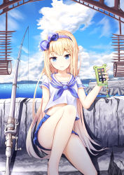Rule 34 | 1girl, absurdres, artist name, ass, blonde hair, blue eyes, blue hairband, blue ribbon, blue skirt, blue sky, blush, cellphone, closed mouth, cloud, cloudy sky, collarbone, commentary, crack, crop top, day, english commentary, fishing rod, hairband, highres, holding, holding phone, ibning27, leg up, light particles, long hair, looking at viewer, midriff, miniskirt, neckerchief, ocean, original, outdoors, phone, pleated skirt, ribbon, sailor collar, school uniform, serafuku, shadow, shirt, sidelocks, sitting, skirt, sky, smartphone, smartphone case, smile, solo, sunlight, thighs, very long hair, white shirt