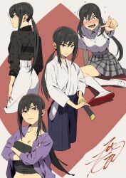 Rule 34 | 1girl, black hair, black shirt, blush, bra strap, brown eyes, checkered clothes, checkered skirt, constricted pupils, cropped legs, crossed arms, embarrassed, hakama, highres, holding, holding sword, holding weapon, japanese clothes, katana, kobayashi gen, light frown, long hair, looking at viewer, navel, open clothes, open mouth, open shirt, pants, pointing, ponytail, profile, purple shirt, school girl strikers, school uniform, see-through, shirt, shoes, sidelocks, simple background, skirt, socks, sweatdrop, sword, tank top, uraba aoi, uwabaki, weapon, white pants, white shirt, white socks