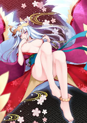 Rule 34 | 1girl, animal ears, barefoot, breasts, dean (momodean), highres, inverted nipples, japanese clothes, kimono, large breasts, long hair, mitsuki (p&amp;d), multiple tails, nipples, puffy nipples, purple eyes, puzzle &amp; dragons, silver hair, solo, tail