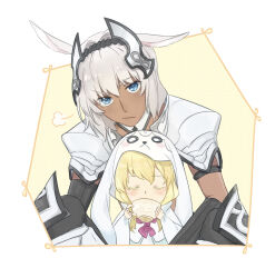 Rule 34 | 1boy, 1girl, :/, absurdres, aged down, animal ears, armlet, armor, black gloves, black hairband, blonde hair, blue eyes, caenis (fate), closed eyes, closed mouth, colored eyelashes, cosplay, cup, dark-skinned female, dark skin, drinking, elbow gloves, fate/grand order, fate (series), fou (fate), fou (fate) (cosplay), gloves, guimp, hair intakes, hairband, headpiece, highres, holding, holding cup, horse ears, kigurumi, kirschtaria wodime, light blush, long hair, looking at viewer, pauldrons, shoulder armor, sitting between lap, teacup, upper body, white hair