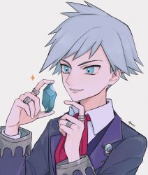 Rule 34 | 1boy, aqua eyes, bad id, bad twitter id, collared shirt, commentary request, creatures (company), crystal, game freak, grey hair, hands up, highres, holding, jacket, long sleeves, male focus, necktie, nintendo, omochi kuenai, parted lips, pokemon, pokemon oras, red necktie, shirt, short hair, signature, smile, solo, spiked hair, steven stone, upper body, white shirt