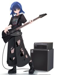 Rule 34 | 1girl, amplifier, audio cable, band shirt, bass guitar, bell-bottoms, black nails, black pants, blue hair, bocchi the rock!, boots, chain, full body, hair ornament, hairpin, highres, holding, holding instrument, instrument, irreligiositat, merchandise, mole, mole under eye, music, pants, playing bass, playing instrument, shirt, short hair, sweatdrop, t-shirt, torn clothes, torn pants, white background, yamada ryo, yellow eyes