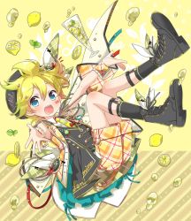 Rule 34 | 1boy, bass clef, blonde hair, blue eyes, blush, boots, bow, character name, commentary, cup, drink, drinking glass, epaulettes, facial tattoo, falling, food, frilled wrist cuffs, frills, fringe trim, fruit, hair ornament, hair ribbon, headband, hekicha, highres, jacket, kagamine len, leaf, lemon, light blush, looking at viewer, male focus, mint, open mouth, outstretched arms, pants, plaid, plaid jacket, plaid pants, plaid wrist cuffs, ribbon, short hair, shorts, smile, socks, solo, spiked hair, tattoo, vocaloid, water drop, wrist cuffs, wristband, yellow background