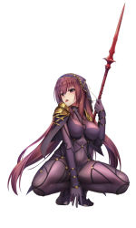 Rule 34 | armor, bodysuit, breasts, fate/grand order, fate (series), gae bolg (fate), highres, holding, holding polearm, holding spear, holding weapon, large breasts, leotard, long hair, pauldrons, polearm, purple bodysuit, purple hair, purple leotard, red eyes, scathach (fate), shoron, shoulder armor, solo, spear, veil, weapon
