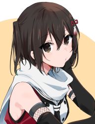 Rule 34 | 1girl, bare shoulders, black gloves, black neckerchief, blush, brown eyes, brown hair, buttons, double-breasted, gloves, hair ribbon, hand on own cheek, hand on own face, ica, kantai collection, looking at viewer, neckerchief, orange background, parted lips, red ribbon, ribbon, scarf, sendai (kancolle), sendai kai ni (kancolle), short hair, sleeveless, solo, tassel, two-tone background, two side up, white scarf