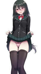 Rule 34 | 1girl, absurdres, black jacket, black thighhighs, blazer, blush, bow, bow panties, breasts, buttons, clothes lift, collared shirt, crotch seam, feet out of frame, green hair, green skirt, hair between eyes, highres, jacket, lifting own clothes, long hair, long sleeves, open mouth, original, panties, pink panties, pleated skirt, red bow, red eyes, sayano (yakob labo), shirt, simple background, skirt, skirt lift, small breasts, smile, solo, standing, thighhighs, underwear, white background, white shirt, yakob labo