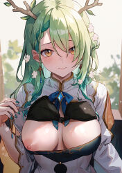 Rule 34 | 1girl, absurdres, antlers, bad source, black bra, blue ribbon, blush, bra, braid, braided bangs, breasts, ceres fauna, ceres fauna (1st costume), clothing cutout, dress, flower, green hair, green nails, hair between eyes, hair flower, hair ornament, highres, hololive, hololive english, horns, large breasts, long hair, looking at viewer, mole, mole under eye, nipples, one breast out, ribbon, smile, solo, sooon, underwear, upper body, virtual youtuber, yellow eyes