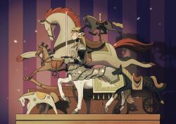 Rule 34 | 1girl, animal ears, armor, blonde hair, braid, carousel, centaur, closed eyes, commentary, facing ahead, faulds, full body, gauntlets, hair around ear, helmet, highres, holding, holding sword, holding weapon, horse, horse ears, horse girl, jidu que mi de xiao caocao, long hair, long sleeves, original, pauldrons, plate armor, profile, shoulder armor, side braid, solo, striped, striped background, sword, symbol-only commentary, taur, unsheathed, walking, weapon