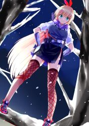 Rule 34 | &gt;:), 1girl, aqua eyes, bare tree, blonde hair, blue gloves, blue skirt, closed mouth, commentary, cross-laced footwear, dutch angle, fingerless gloves, foot out of frame, from below, gloves, hair between eyes, hair ribbon, hands on own hips, heaven burns red, highres, hip vent, kanzaki adelheid, kunai, long hair, long sleeves, looking at viewer, looking down, miniskirt, night, outdoors, pleated skirt, puffy long sleeves, puffy sleeves, red footwear, red ribbon, red thighhighs, ribbon, shirt, shoes, skirt, smile, smug, sneakers, snowing, solo, split mouth, standing, standing on branch, straight hair, thighhighs, tree, v-shaped eyebrows, very long hair, weapon, white shirt, winter, yoanium, zettai ryouiki