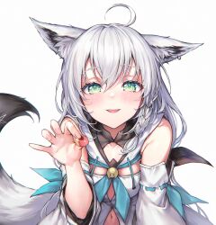 Rule 34 | 1girl, ahoge, animal ears, braid, candy, commentary request, detached sleeves, food, fox ears, fox girl, fox tail, green eyes, highres, holding, holding candy, holding food, hololive, looking at viewer, mirukurim, open mouth, revision, shirakami fubuki, shirakami fubuki (1st costume), simple background, single braid, smile, solo, tail, virtual youtuber, white background, white hair