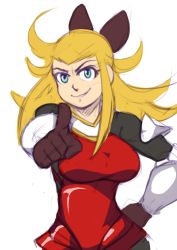 Rule 34 | 1girl, blonde hair, blue eyes, bow, bravely default: flying fairy, bravely default (series), breasts, edea lee, gloves, grin, hair bow, hand on own hip, large breasts, long hair, pointing, pointing at viewer, shining dazzler, smile, solo