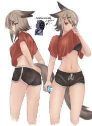 Rule 34 | 1girl, 1other, absurdres, alternate costume, animal ears, arknights, ass, black jacket, black shorts, bra, clothes lift, commentary, crop top, crop top overhang, cutter (arknights), doctor (arknights), dolphin shorts, fox ears, fox tail, grey hair, hand up, highres, holding, hood, hooded jacket, jacket, lifted by self, looking at viewer, midriff, multiple views, navel, red eyes, red shirt, shirt, shirt lift, short hair, short shorts, short sleeves, shorts, simple background, standing, stomach, superbeek4, sweat, tail, thighs, underwear, white background