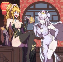 Rule 34 | 2girls, absurdres, alternate costume, arm support, bad id, bad pixiv id, bare shoulders, black collar, black legwear, blonde hair, bowsette, breasts, bun cover, center opening, china dress, chinese clothes, cleavage, cleavage cutout, clothing cutout, collar, collarbone, colored skin, commentary request, covered erect nipples, crown, double bun, dress, elbow gloves, fang, fingerless gloves, floating hair, genderswap, genderswap (mtf), gloves, grin, haden, hair between eyes, hair bun, hand on own hip, hand up, high heels, high ponytail, highres, horns, indoors, korean commentary, large breasts, leaning forward, long dress, long hair, looking at viewer, luigi&#039;s mansion, mario (series), multiple girls, new super mario bros. u deluxe, nintendo, no panties, open mouth, ponytail, princess king boo, purple eyes, round window, sharp teeth, shawl, side slit, sitting, smile, spiked tail, standing, strapless, strapless dress, super crown, tail, teeth, thighhighs, upper teeth only, very long hair, white legwear, white skin, window