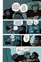 Rule 34 | 2boys, absurdres, arms around neck, averting eyes, bara, beard stubble, black hair, bryan lee o&#039;malley (style), cigarette, couch, couple, english text, half-closed eyes, highres, holding, holding cigarette, huge eyebrows, imminent kiss, indoors, jaime (grizzgotmilk), lucas lee, male focus, multiple boys, notice lines, official style, on couch, scott pilgrim takes off, shirt, short hair, short sleeves, shy, smile, smug, t-shirt, tight clothes, tight shirt, todd ingram, tsundere, watching television, yaoi