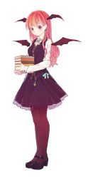 Rule 34 | 1girl, adapted costume, book, book stack, brown pantyhose, cross, demon wings, dress, earrings, expressionless, full body, head wings, highres, inverted cross, jewelry, koakuma, layered dress, lips, long hair, long sleeves, looking at viewer, mary janes, pantyhose, red eyes, red hair, shoes, simple background, solo, standing, touhou, tsukimiya kamiko, white background, wings