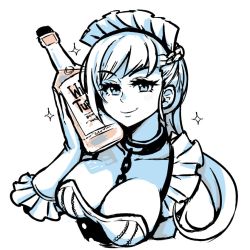 Rule 34 | 1girl, akairiot, alcohol, azur lane, belfast (azur lane), bottle, bottle to cheek, braid, breasts, chain, choker, cleavage, french braid, frilled sleeves, frills, large breasts, maid headdress, monochrome, smile, solo, sparkle, spot color, whiskey