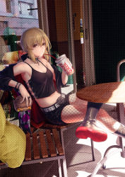 Rule 34 | 1girl, artoria pendragon (all), artoria pendragon (fate), bare shoulders, belt, black footwear, black jacket, black ribbon, black shorts, black tank top, blonde hair, blush, boots, bracelet, brand name imitation, breasts, buckle, burger, casual, chair, choker, cleavage, collarbone, commentary request, crossed legs, cup, cushion, day, expressionless, fate/grand order, fate/stay night, fate (series), fishnet pantyhose, fishnets, food, hair between eyes, hair ribbon, highres, holding, holding cup, holding food, jacket, jewelry, knee boots, long hair, looking at viewer, medium breasts, midriff, mugetsu2501, navel, off shoulder, official alternate costume, pantyhose, ribbon, ring, saber alter, saber alter (ver. shinjuku 1999) (fate), shorts, sidelocks, sitting, solo, storefront, table, tank top, wristband, yellow eyes