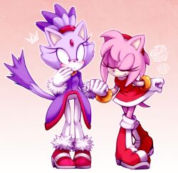 Rule 34 | 2girls, amy rose, animal ears, blaze the cat, blush, cat ears, cat girl, cat tail, closed eyes, curtsey, dress, eyelashes, forehead jewel, fur-trimmed footwear, fur-trimmed gloves, fur trim, furry, furry female, gloves, gold necklace, hairband, holding hands, jacket, jewelry, multiple girls, necklace, pants, pink footwear, pink fur, ponytail, purple fur, purple jacket, red dress, red footwear, smile, sonic (series), tail, wereshoes, white pants, yuri