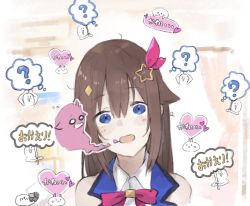 Rule 34 | . ., 1girl, 6+others, :&lt;, :d, ahoge, animal ears, blue eyes, blue vest, blush, bow, bowtie, brown hair, collared shirt, colored skin, curtains, d:, giving up the ghost, hair between eyes, hair flaps, hair ornament, hair ribbon, heart, holding, holding sign, hololive, indoors, kase (kurimuzone oruta), lapels, long hair, multiple others, neck ribbon, o o, open mouth, rabbit ears, ribbon, shirt, sign, sleeveless, sleeveless shirt, smile, solo focus, star (symbol), star hair ornament, thought bubble, tokino sora, tokino sora (1st costume), vest, video camera, virtual youtuber, white shirt, white skin