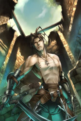 Rule 34 | 1boy, ashley riot, belt, brown hair, gauntlets, jewelry, male focus, necklace, outdoors, ruins, sky, solo, sword, vagrant story, weapon