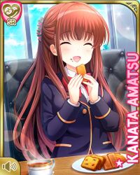 Rule 34 | 1girl, :d, amatsu kanata, blazer, blue jacket, bow, bowtie, brown hair, card, character name, closed eyes, day, girlfriend (kari), holding, indoors, jacket, long hair, official art, open mouth, plaid, plaid skirt, qp:flapper, red bow, red eyes, red skirt, restaurant, school uniform, shirt, sitting, skirt, smile, solo, table, tagme, white shirt