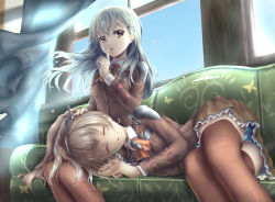 Rule 34 | 10s, 2girls, aqua hair, blue panties, blush, brown hair, brown legwear, closed eyes, couch, finger to mouth, hair ornament, hairclip, hand on another&#039;s head, kamomen, kantai collection, kumano (kancolle), lap pillow, long hair, long sleeves, looking at viewer, lying, lying on lap, multiple girls, on side, open mouth, panties, pantyshot, personification, ponytail, school uniform, shushing, sitting, skirt, sleeping, suzuya (kancolle), thighhighs, underwear, wind, yellow eyes