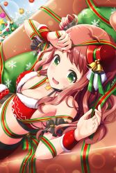 1girl agatsuma_ren alternative_girls blush bra breasts christmas_ornaments christmas_tree cleavage green_eyes hat highres indoors long_hair looking_at_viewer lying mini_hat mini_top_hat official_art on_back open_mouth pine_tree red_bra red_hair red_hat ribbon solo top_hat tree underwear