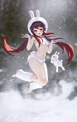 Rule 34 | 1girl, :d, absurdres, animal, animal ears, animal hood, bare shoulders, barefoot, black nails, bra, breasts, brown hair, chinese zodiac, fake animal ears, fake tail, feet, floating hair, full body, genshin impact, gradient hair, hands up, highres, hood, hu tao (genshin impact), jumping, leg warmers, long hair, looking at viewer, multicolored hair, nail polish, navel, new year, open mouth, panties, rabbit, rabbit ears, rabbit hood, rabbit tail, red eyes, red hair, revision, sidelocks, small breasts, smile, snow, snowing, solo, starsd, stomach, tail, teeth, thighs, toenail polish, toenails, toes, twintails, underwear, upper teeth only, v, very long hair, white bra, white panties, year of the rabbit