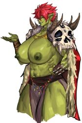 Rule 34 | 1509virgoart, 1girl, absurdres, armor, breasts, bula (virgoart1509), cape, colored nipples, colored skin, earrings, female orc, fur-trimmed cape, fur trim, green nipples, green skin, highres, huge breasts, jewelry, loincloth, muscular, muscular female, navel, necklace, orc, original, pauldrons, pointy ears, red cape, red hair, short hair, shoulder armor, simple background, skull pauldron, solo, tusks, white background