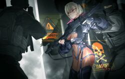 Rule 34 | 1girl, 2boys, assault rifle, balaclava, black gloves, black nails, blue jacket, bodysuit, braid, breasts, center opening, chest harness, covered navel, cowboy shot, cropped jacket, fingerless gloves, glasses, gloves, gun, harness, highres, holding, holding gun, holding weapon, horns, indie virtual youtuber, jacket, large breasts, load bearing vest, looking ahead, maxturbo69, multiple boys, nail polish, optical sight, red eyes, rifle, saruei (vtuber), semi-rimless eyewear, short hair, sign, sliding doors, smoke, solo focus, spotlight, standing, suppressor, trigger discipline, virtual youtuber, warning sign, weapon, weapon request, white hair