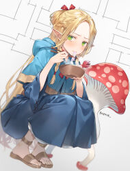 Rule 34 | 1girl, artist name, blonde hair, blue capelet, blue robe, blush, braid, capelet, chopsticks, closed mouth, dress, dungeon meshi, eating, elf, food, forehead, frown, green eyes, hair ribbon, half updo, highres, holding, long hair, long sleeves, marcille donato, mmu, mouth hold, mushroom, noodles, parted bangs, pointy ears, ribbon, robe, sandals, solo, squatting, toes, twin braids