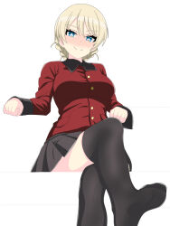 Rule 34 | 1girl, black skirt, black thighhighs, blonde hair, blue eyes, blush, braid, breasts, closed mouth, darjeeling (girls und panzer), french braid, girls und panzer, knknkn 5, large breasts, looking at viewer, military uniform, miniskirt, simple background, skirt, smile, solo, st. gloriana&#039;s military uniform, thighhighs, uniform, white background