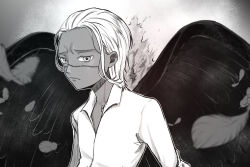 Rule 34 | 1boy, aged down, androgynous, black wings, collared shirt, crocodile (one piece), dark-skinned male, dark skin, feathers, fire, from side, frown, furrowed brow, greyscale, hair slicked back, highres, long sleeves, looking at viewer, male focus, monochrome, one piece, portrait, sanpaku, scar, scar on face, scar on nose, seraphim (one piece), shirt, short hair, sidelocks, solo, star-shaped pupils, star (symbol), symbol-shaped pupils, white background, white hair, white shirt, wings
