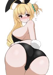 Rule 34 | 1girl, :/, ahoge, animal ears, ass, assault lily, bare arms, bare shoulders, black hairband, black leotard, blonde hair, blush, breasts, chemir friedheim, closed mouth, commentary request, detached collar, fake animal ears, fake tail, flying sweatdrops, from behind, hair bun, hair ornament, hairband, highres, large breasts, leaning forward, leotard, long hair, looking at viewer, looking back, nose blush, playboy bunny, rabbit ears, rabbit tail, red eyes, side ponytail, simple background, single side bun, solo, standing, strapless, strapless leotard, sweatdrop, tail, thigh gap, ueda (ueeeeeeeee1006), white background, wrist cuffs