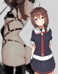 Rule 34 | ahoge, arm up, bdsm, black gloves, black serafuku, black skirt, blue eyes, blurry, blush, bondage, bondage outfit, bound, braid, breasts, brown hair, commentary request, elbow gloves, fingerless gloves, gloves, hair between eyes, hair flaps, hair ornament, hair over shoulder, highres, holding, holding whip, kantai collection, katsuten, latex, latex gloves, latex thighhighs, long hair, looking at viewer, medium breasts, miniskirt, multiple views, necktie, pleated skirt, red necktie, school uniform, serafuku, shigure (kancolle), single braid, skirt, smile, thighhighs, twisted torso, whipping