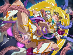 Rule 34 | 10s, 1girl, blonde hair, blush, boots, bow, breast sucking, breasts, brooch, censored, cum, cum in pussy, cure sunshine, heart, heart brooch, heartcatch precure!, jewelry, lolita channel, long hair, magical girl, myoudouin itsuki, nipples, no bra, no panties, non-web source, orange bow, precure, small breasts, solo, spread legs, tentacle sex, tentacles, torn clothes, twintails, very long hair, yellow bow, yellow eyes