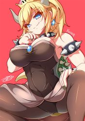 Rule 34 | 1girl, bare shoulders, black leotard, black nails, black pantyhose, blonde hair, blue eyes, blue gemstone, bowsette, bracelet, breasts, brooch, character name, cleavage, collar, commentary request, earrings, fang, fang out, fingernails, gem, hair between eyes, hand on own thigh, hand to own mouth, head tilt, horns, jewelry, large breasts, leotard, long hair, looking at viewer, mario (series), muscular, muscular female, nail polish, new super mario bros. u deluxe, nintendo, pantyhose, pink background, ponytail, sayossa (pak-front), sharp fingernails, shiny clothes, sidelocks, signature, simple background, smile, solo, spiked bracelet, spiked collar, spiked shell, spikes, squatting, strapless, strapless leotard, super crown, tail, taut leotard, waist cape