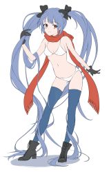 Rule 34 | 1girl, absurdly long hair, absurdres, bikini, blue hair, blue thighhighs, flat color, full body, highres, long hair, original, red eyes, red scarf, scarf, simple background, smile, solo, swimsuit, takeuchi aya, thighhighs, twintails, very long hair, white background, white bikini
