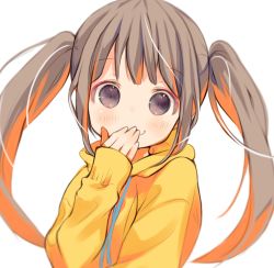 Rule 34 | 1girl, blurry, blurry background, blush, brown hair, closed mouth, covering own mouth, depth of field, eyeshadow, grey eyes, hand over own mouth, hand up, hood, hood down, hoodie, kuga tsukasa, long hair, looking at viewer, makeup, multicolored hair, orange hair, original, simple background, smile, solo, twintails, two-tone hair, upper body, white background, yellow hoodie